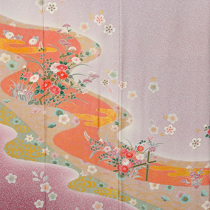 レンタル フルセット 高級正絹 訪問着 HO-MA602 紅藤色 流水に椿 結婚