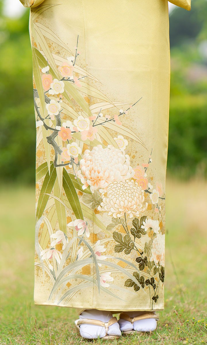 レンタル フルセット 高級正絹 訪問着 HO-MI088 淡黄色 菊・梅・笹
