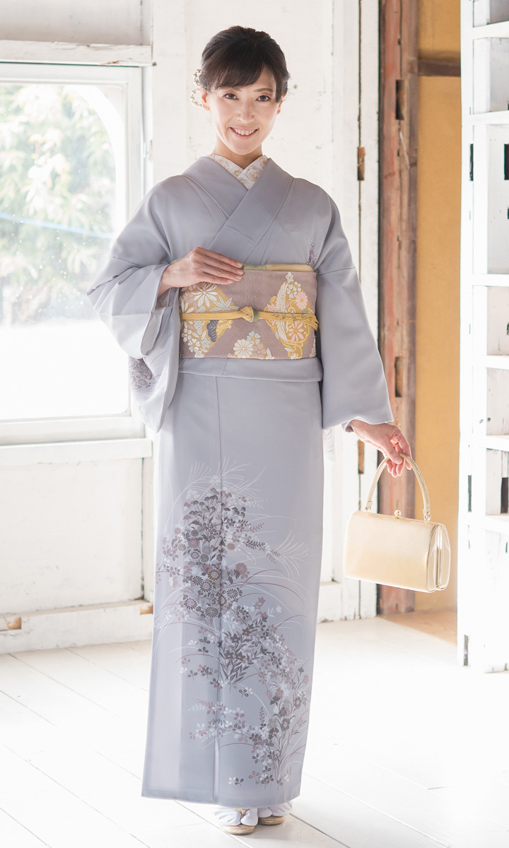 訪問着セット　卒業式　結婚式　式典 レンタル フルセット 訪問着 HO-MI205P 小町鼠色 菊・桔梗・撫子 結婚