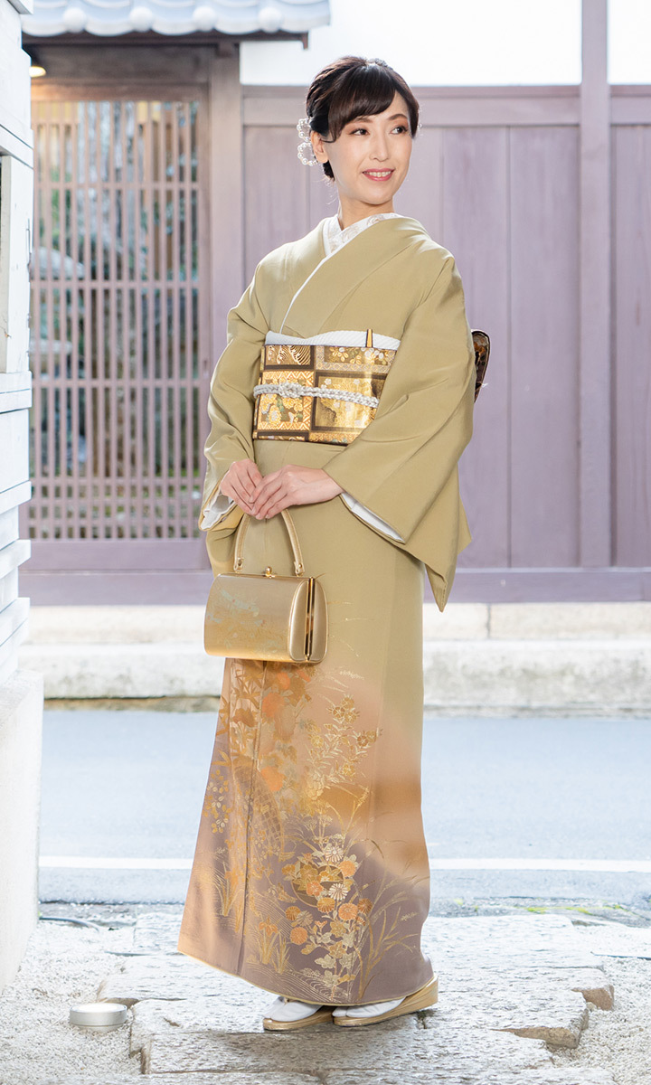 高級 色留袖レンタル 送料無料 ITS-MI207 正絹 黄海松茶色 金彩・牡丹