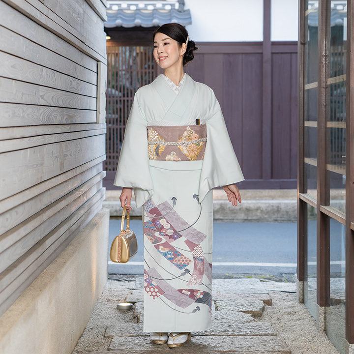 未使用　薄緑　正絹訪問着　結婚式　フォーマル　160cm　k479 訪問着フルセット 訪問着 緑 金 抹茶色 鶯色 結婚式 未使用 G49