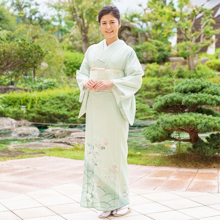 絽 訪問着 フルセット 化繊 着物 きもの 青 結婚式 お宮参り ウェディング 夏用訪問着レンタル。絽タイプの訪問着、夏の結婚式・イベント用の着物