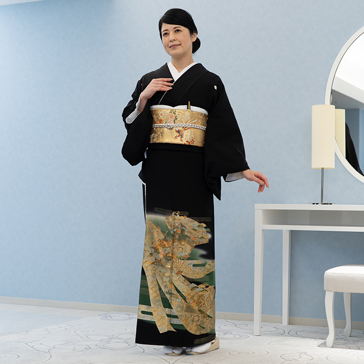 極美品　正絹　色留袖　袋帯　三つ紋　松坂屋　友禅　４点フルセット　入学式　結婚式 レンタル留袖 フルセット 高級正絹 留袖 レンタル 金彩友禅・扇 TS