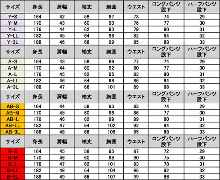 レンタルタキシードサイズ表