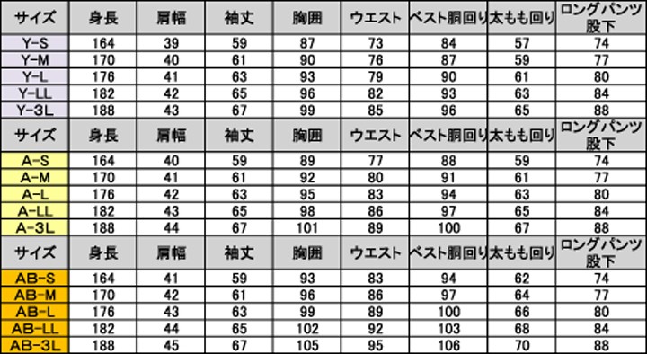 レンタルタキシードサイズ表