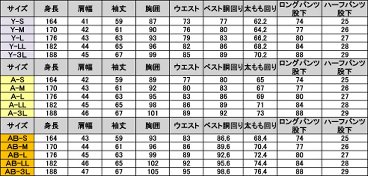レンタルタキシードサイズ表
