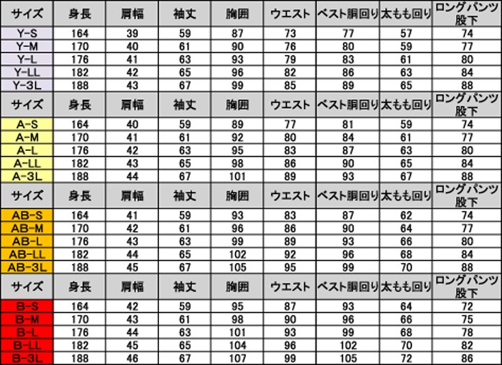 レンタルタキシードサイズ表