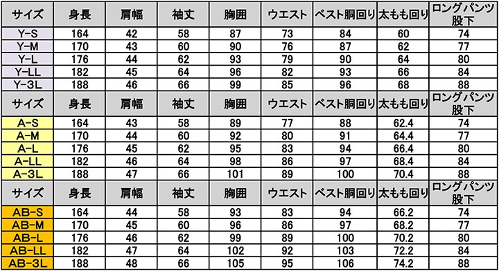 レンタルタキシードサイズ表