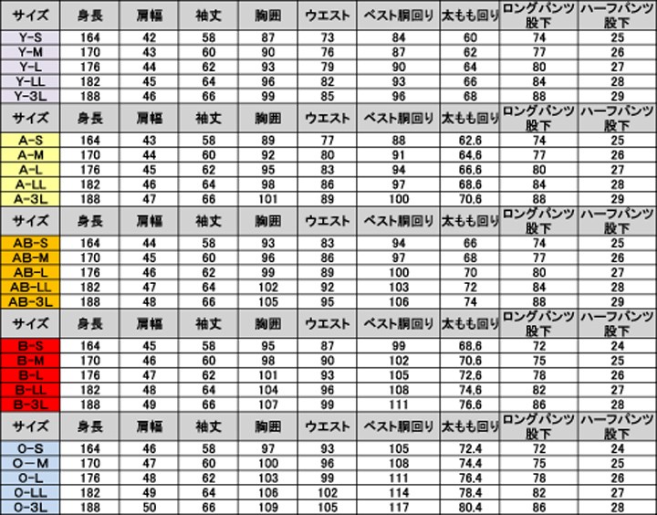 レンタルタキシードサイズ表
