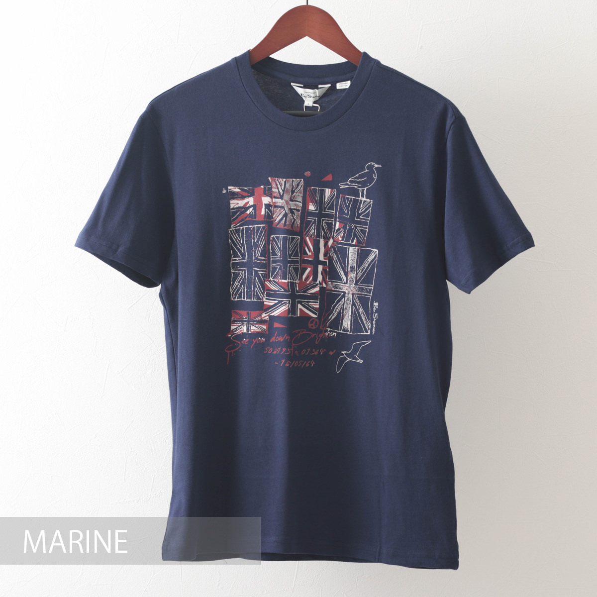 Ben Sherman メンズ Tシャツ ブライトンフラッグプリント 2色 アイボリー マリン オーガニックコットン レギュラーフィット イギリス  国旗 手書き風イラスト