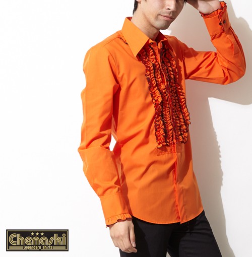 Chenaski フリルシャツ メンズ 長袖シャツ オレンジ