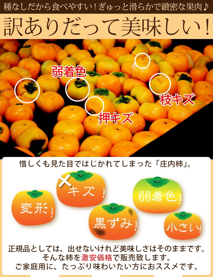 新発売 柿 カキ かき ご家庭用 種無し庄内柿約2.5kｇ（サイズ混在13〜20玉前後）バラ詰 (脱渋済) 送料無料 山形から直送 訳あり ご贈答には不向きです。  :syounaigaki-wakeari2-5kg:旨幸 - 通販 - Yahoo!ショッピング