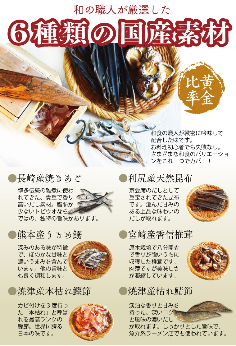 和の職人が厳選した６種類の国産素材 ・長崎焼きあご ・利尻産天然昆布 ・熊本うるめ鰯 ・宮崎産香信椎茸 ・焼津産本枯れ鰹節 ・焼津産枯れ鯖節