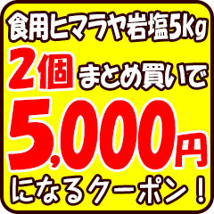 梅研本舗ヤフーショップの「食用ヒマラヤ岩塩5kgが2個で5,000円になるクーポン」のクーポン