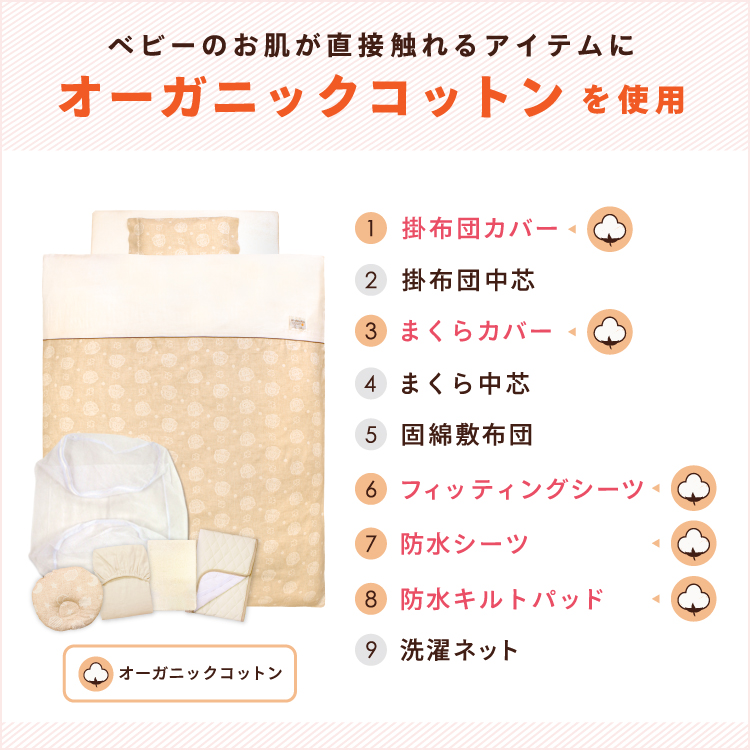 ベビー布団セット 9点セット 70×120cm レギュラーサイズ 綿100% 日本製 オーガニックコットン 洗える敷布団 デザイン限定 RF10 関連画像3