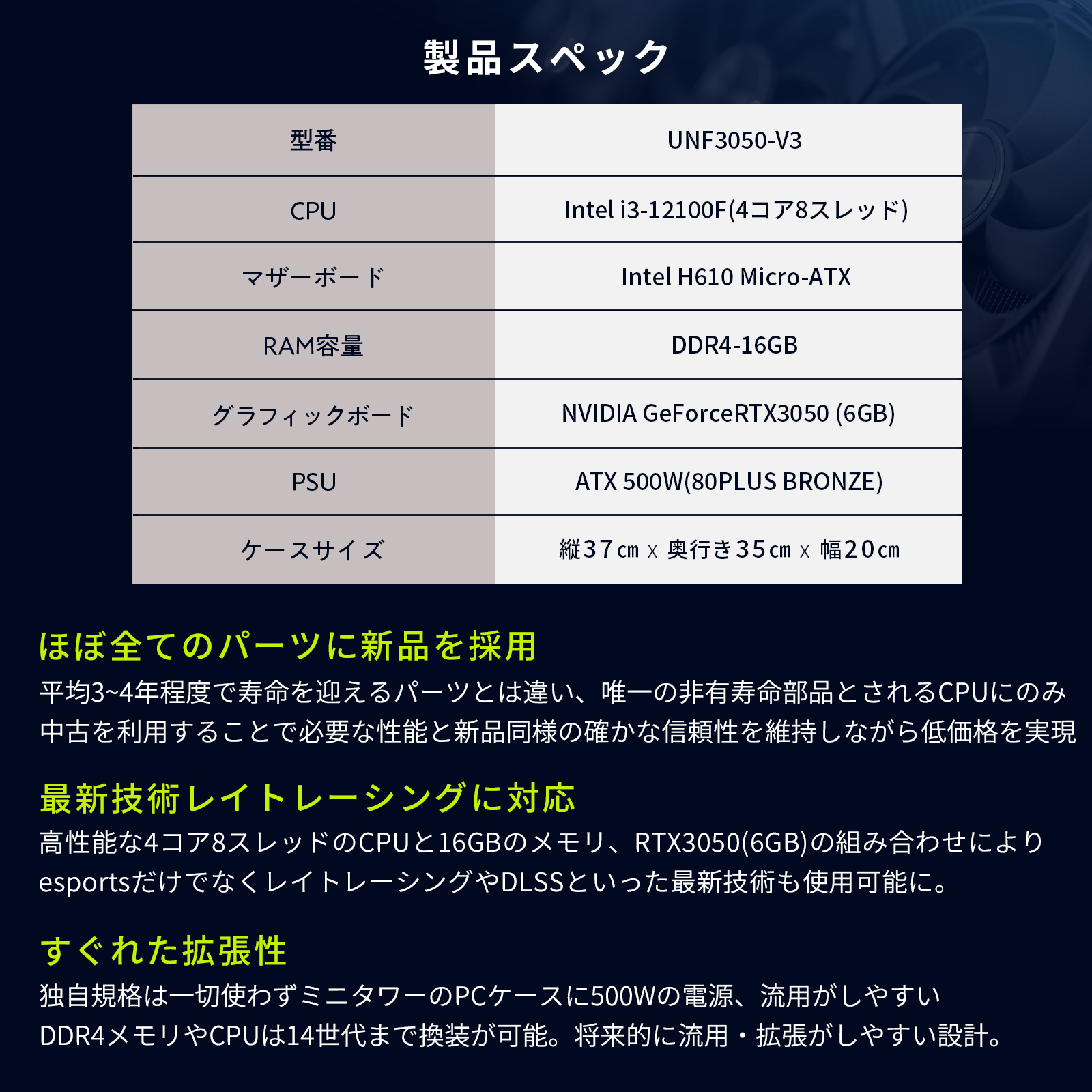 UNFINITYのゲーミングPC 商品説明画像