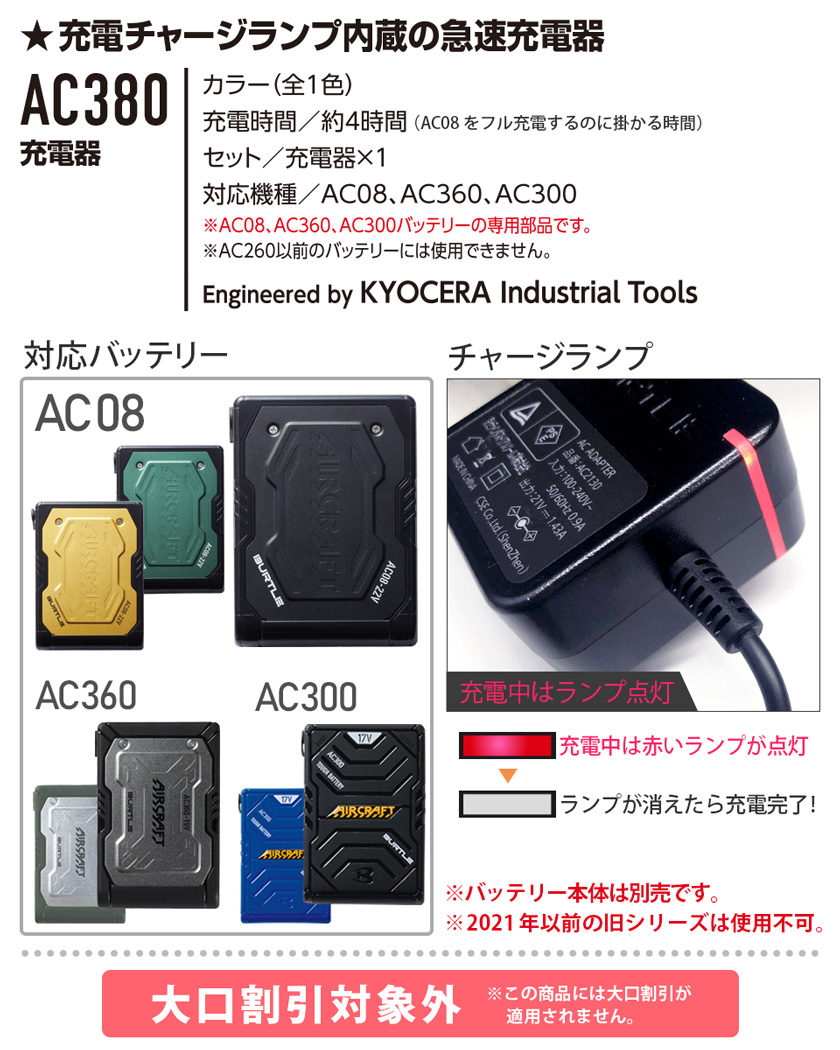 バートル エアークラフト 2023年新作 19V 17V 対応 充電器 AC380