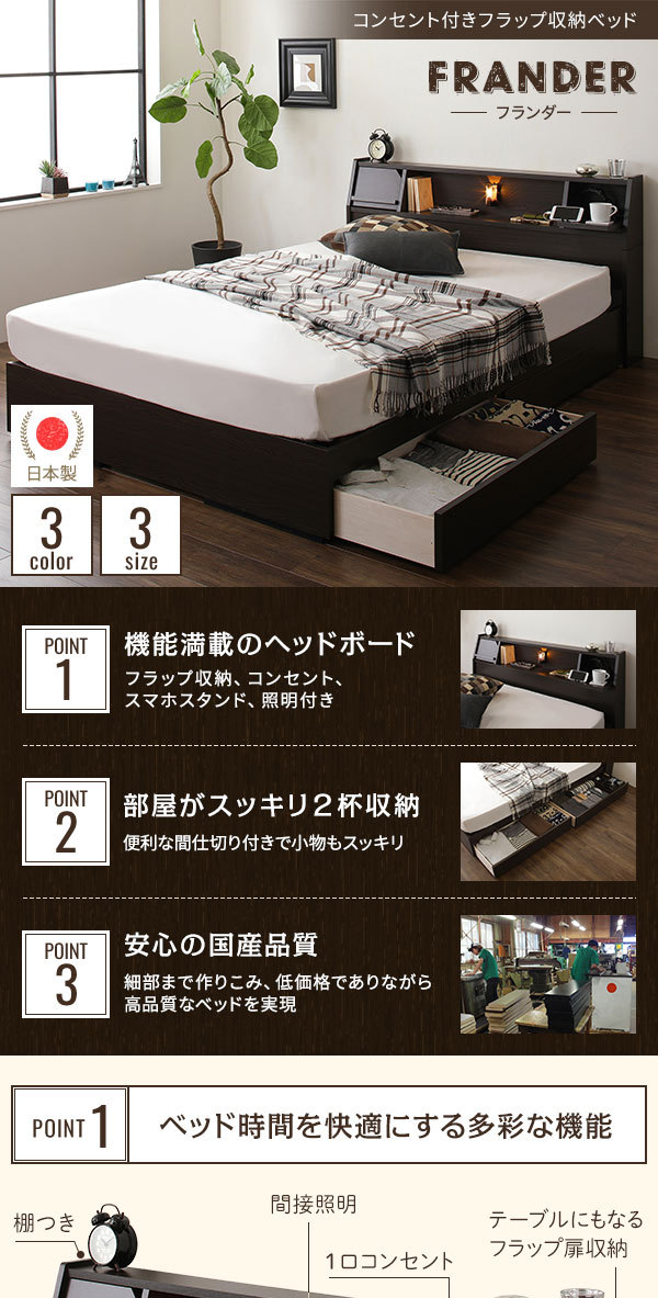 クーポン半額 日本製 照明付き 宮付き 収納付きベッド セミダブル (SG 
