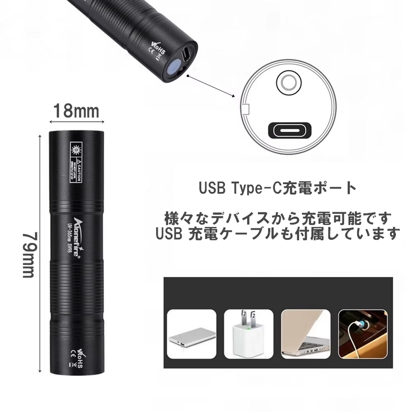 ブラックライト LEDライト UVライト 365nm 懐中電灯 ブルーライト 波長