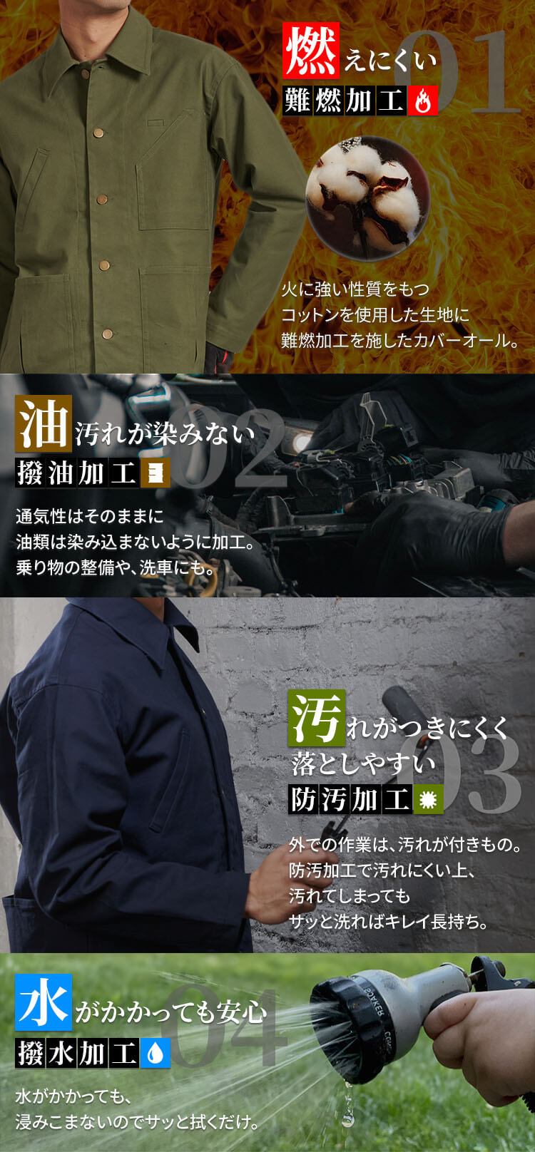 作業服 ワークウェア 作業着 タフ素材カバーオール 難燃・防炎 撥水 防