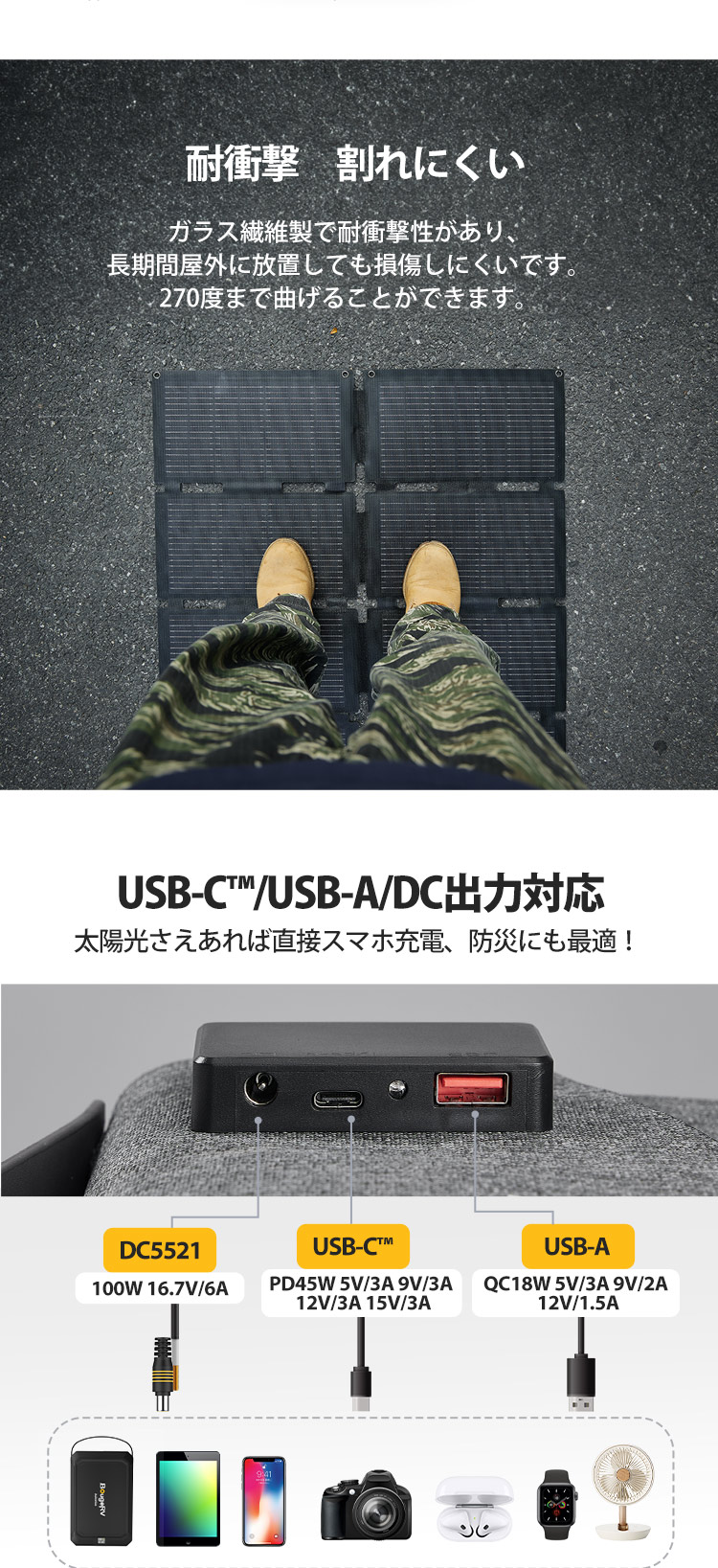 ソーラーパネル 100w USB-A USB-C 折りたたみ 軽量 キャンプ 防災 太陽