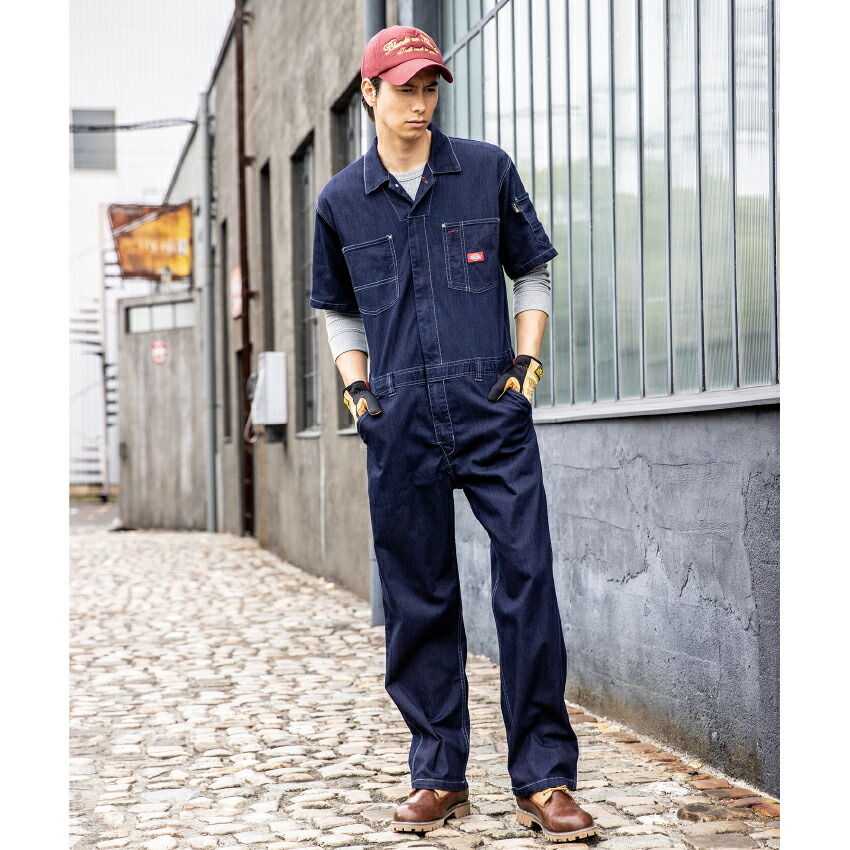 ツナギ 作業服 Dickies ディッキーズ つなぎ 半袖 メンズ レディース 春 夏 デニム ストレッチ D-752 コーコス 作業服  オールインワン 倉庫