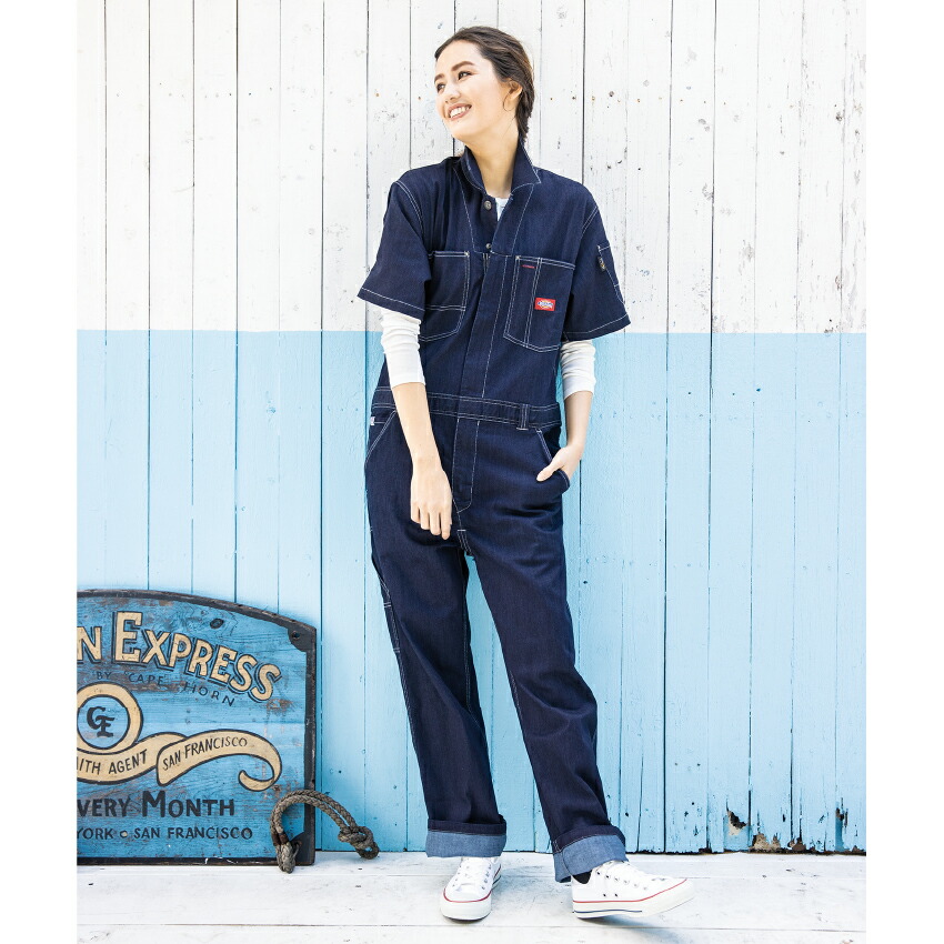 ツナギ 作業服 Dickies ディッキーズ つなぎ 半袖 メンズ レディース 春 夏 デニム ストレッチ D-752 コーコス 作業服  オールインワン 倉庫