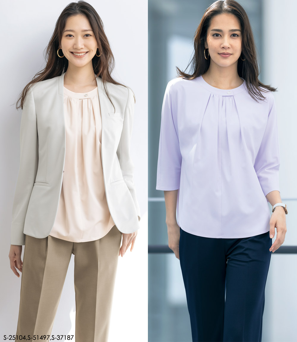 カジュアル事務服 七分袖ブラウス S-37181/6/7/8 とろみエコストレッチ セロリー