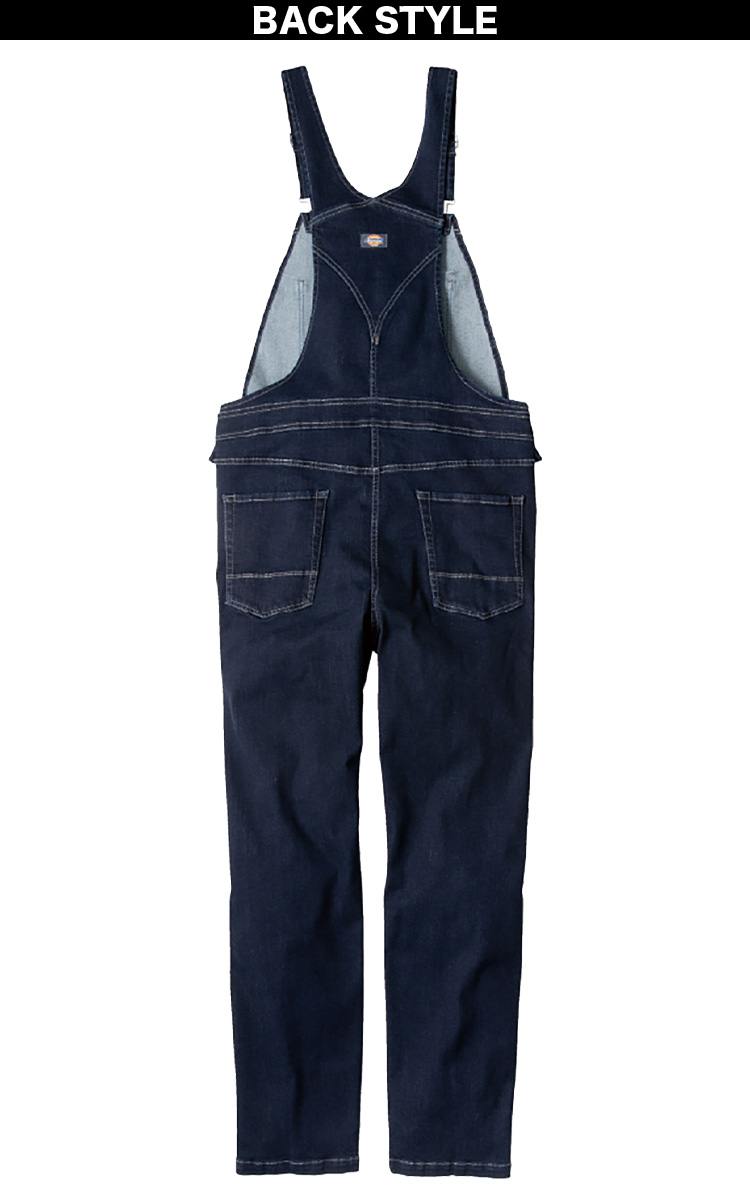 Dickies ダークブルー デニムオーバーオール Dickies（ディッキーズ） ストレッチシルキーデニムオーバーオール D