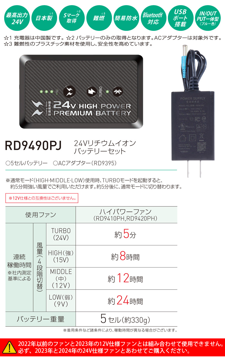空調風神服 24V仕様バッテリーセット RD9490PJ 空調風神服│2024年型24Vファンバッテリーセットフラット型