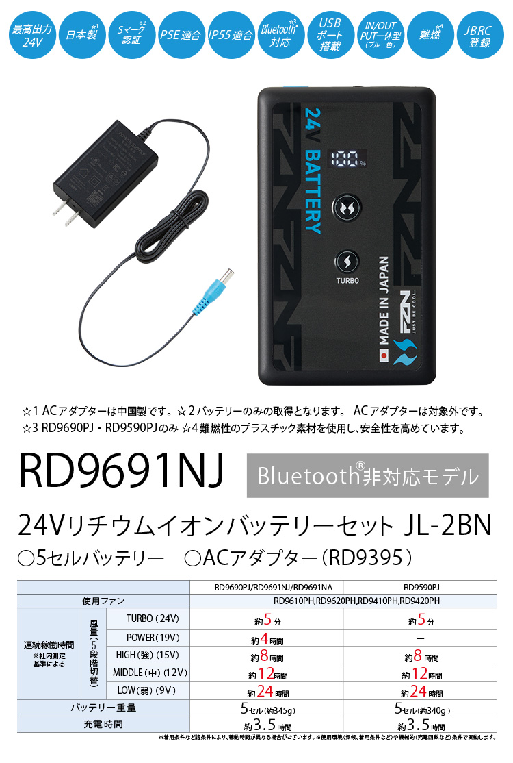 空調風神服 サンエス RD9691NJ RD9610PH/RD9620PH 24V 日本製 リチウム