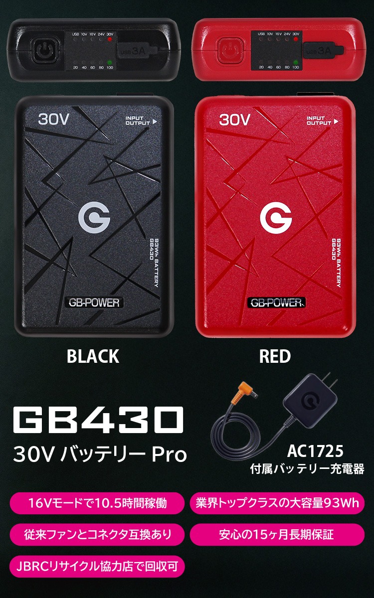 長信ジャパン30V バッテリー Pro GB430 最大風量123L/秒 本体重量432g