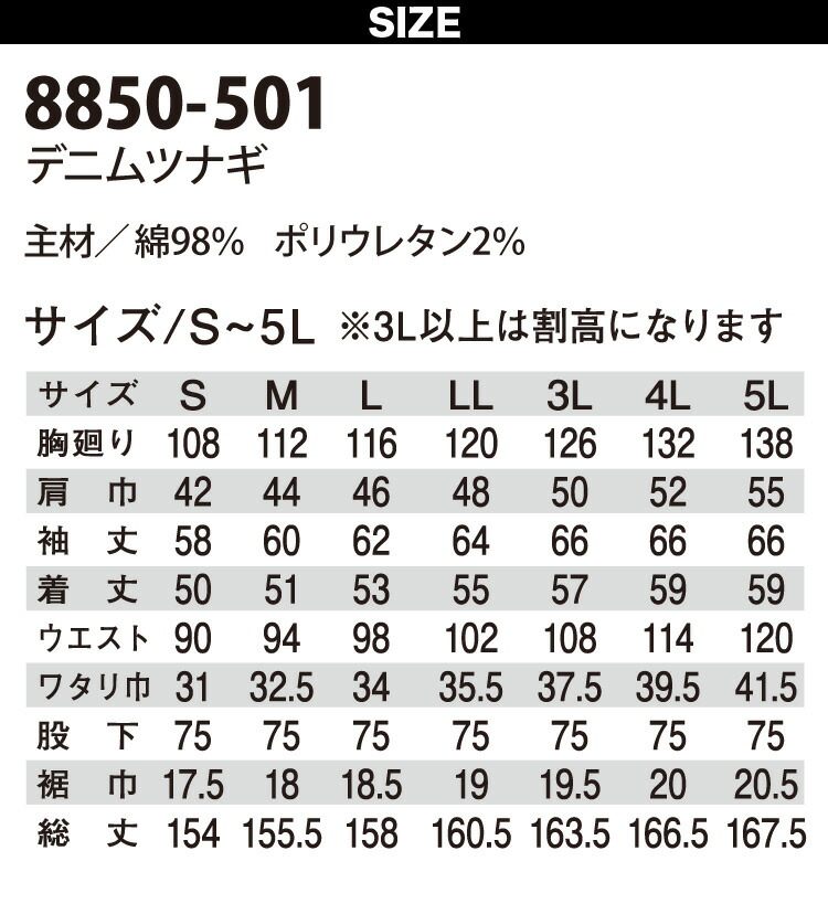 寅壱 8850-501 スリムシルエット デニムツナギ 5L 大きいサイズ 作業着 作業服 つなぎ 春夏秋冬 オールシーズン 2021年 新作  かっこいい おしゃれ メンズ :127-8850-501-5L:空調服・ファン付き作業着取扱店 ユニフォーム百科 - 通販 - Yahoo!ショッピング