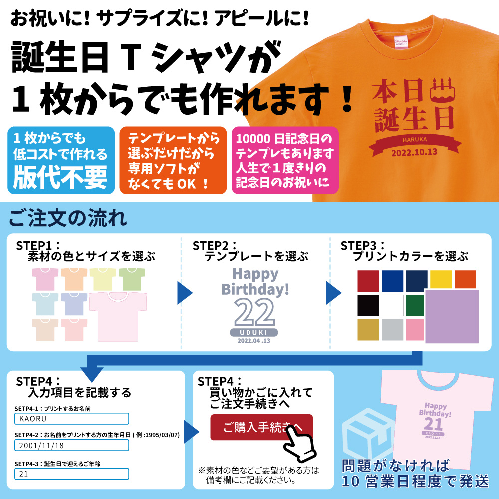 誕生日 Tシャツ TOM-00085-CVT-ORP 5.6オンス 名前 プリント入り ヘビーウェイトTシャツ XXL〜XXXL Printstar 半袖 記念日 プレゼント ギフト メール便可1｜uniformbank｜03