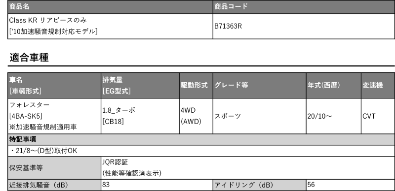 柿本_改]4BA-SK5 フォレスター_4WD(CB18 / 1.8 / Turbo_R02/10〜)用マフラー(リアピースのみ)[Class  KR][B71363R][車検対応] :kmk-b71363r-w01:ユニオンプロデュース - 通販 - Yahoo!ショッピング