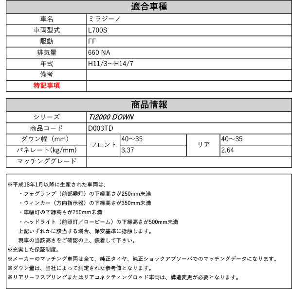 RS-R_Ti2000 DOWN]L700S ミラジーノ(2WD_660 NA_H11/3〜H14/7)用車検