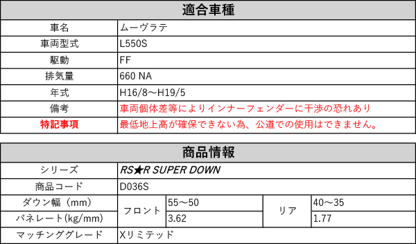 RS-R_RS☆R SUPER DOWN]L550S ムーヴラテ_Xリミテッド(2WD_660 NA_H16