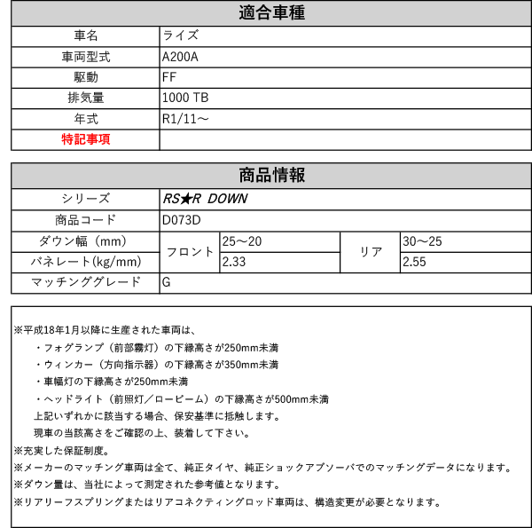 [RS-R_RS★R DOWN]A200A ライズ_G(2WD_1000 TB_R1/11〜)用車検対応ダウンサス[D073D]