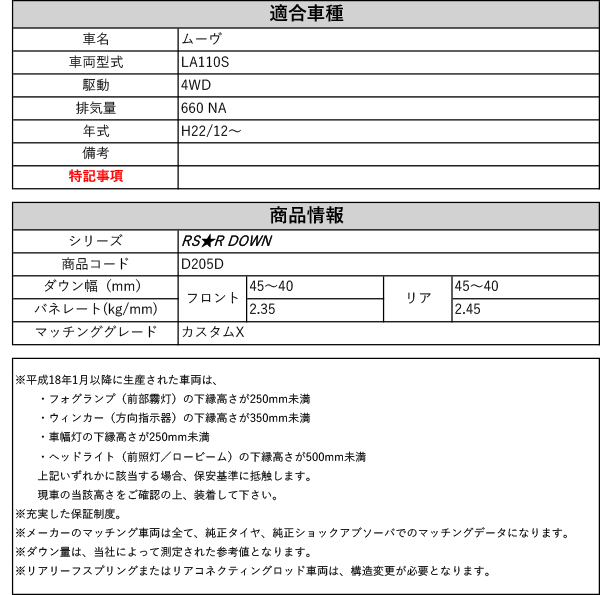 RS-R_RS☆R DOWN]LA110S ムーヴ_カスタムX(4WD_660 NA_H22/12〜)用車検