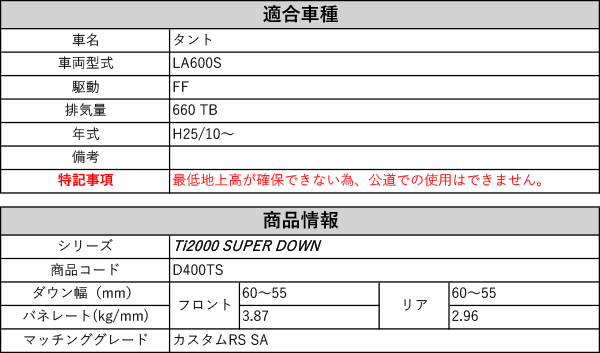 RS-R_Ti2000 SUPER DOWN]LA600S タント_カスタムRS SA(2WD_660 TB_H25/10〜)用競技専用ダウンサス[ D400TS] : trsr-d400ts-t03 : ユニオンプロデュース - 通販 - Yahoo!ショッピング