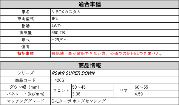 [RS-R_RS★R SUPER DOWN]JF4 N BOXカスタム_G-Lターボ ホンダセンシング(4WD_660  TB_H29/9〜)用競技専用ダウンサス[H426S]