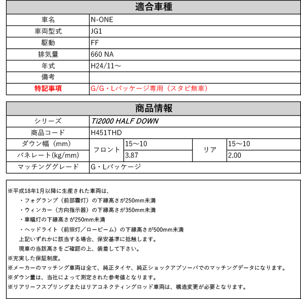 RS-R_Ti2000 HALF DOWN]JG1 N-ONE_G・Lパッケージ(2WD_660 NA_H24/11〜)用車検対応ダウンサス[H451THD]  :trsr-h451thd-t01:ユニオンプロデュース - 通販 - Yahoo!ショッピング