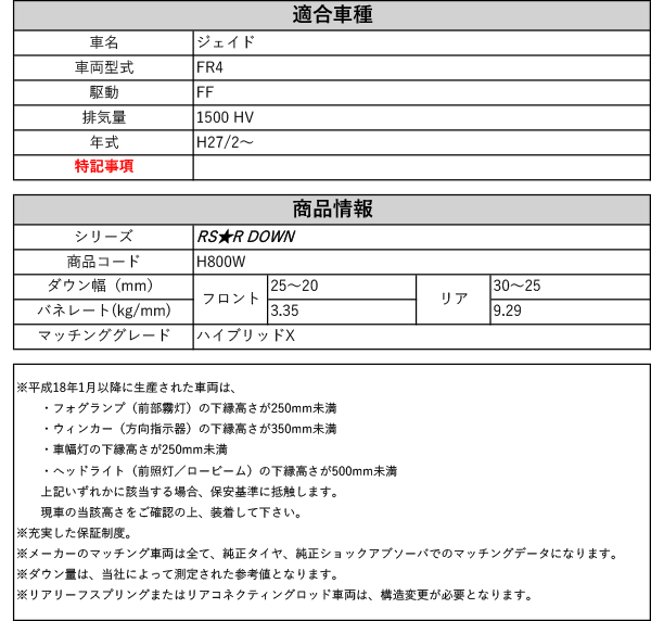 [RS-R_RS★R DOWN]FR4 ジェイド_ハイブリッドX(2WD_1500 HV_H27/2〜)用車検対応ダウンサス[H800W]