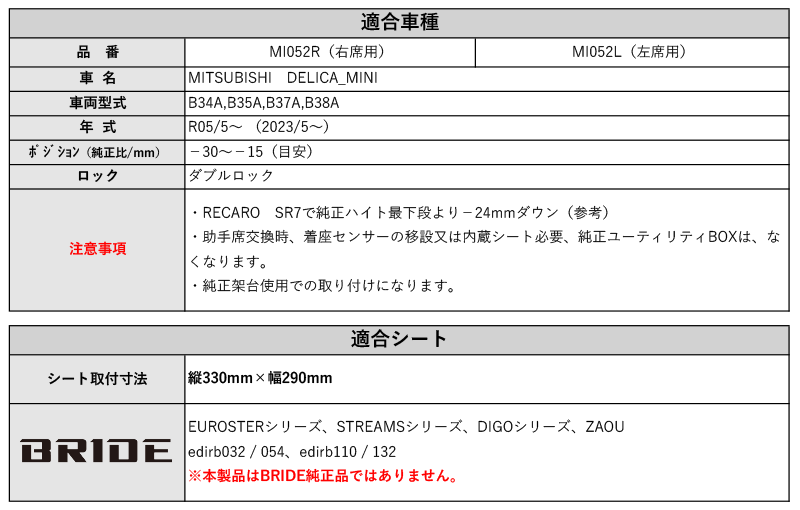 BRIDE_MOタイプ]B34A,B35A,B37A,B38A デリカミニ(3ポジション)用シート