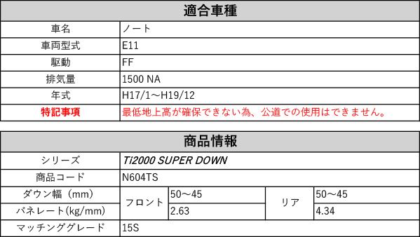 RS-R_Ti2000 SUPER DOWN]E11 ノート_15S(2WD_1500 NA_H17/1〜H19/12)用競技専用ダウンサス[N604TS]  : trsr-n604ts-t10 : ユニオンプロデュース - 通販 - Yahoo!ショッピング