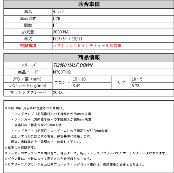 RS-R_Ti2000 HALF DOWN]C25 セレナ_20RX(2WD_2000 NA_H17/5〜H19/11)用車検対応ダウンサス[N700THD]  : trsr-n700thd-t03 : ユニオンプロデュース - 通販 - Yahoo!ショッピング