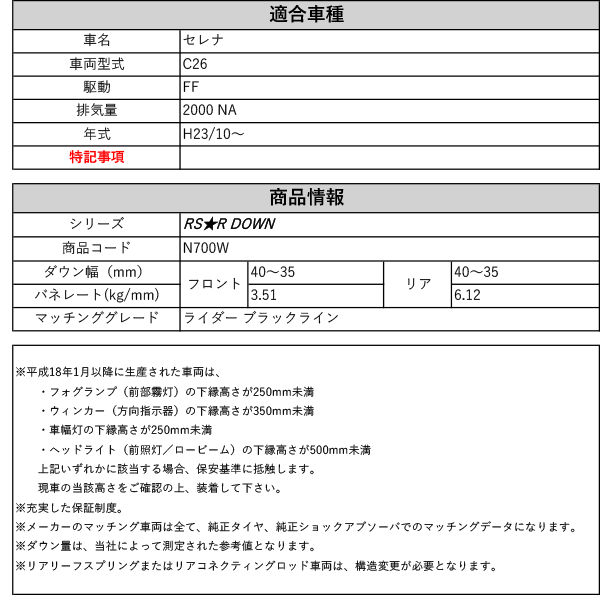 [RS-R_RS★R DOWN]C26 セレナ_ライダー ブラックライン(2WD_2000 NA_H23/10〜)用車検対応ダウンサス[N700W]