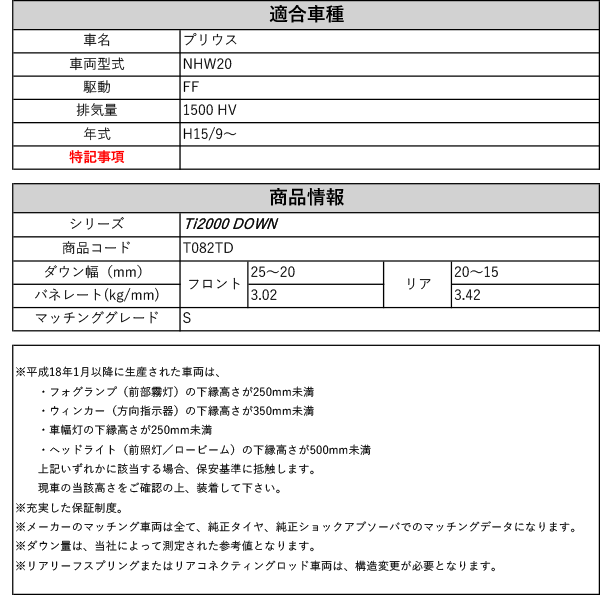 RS-R_Ti2000 DOWN]NHW20 プリウス_S(2WD_1500 NV_H15/9〜)用車検対応