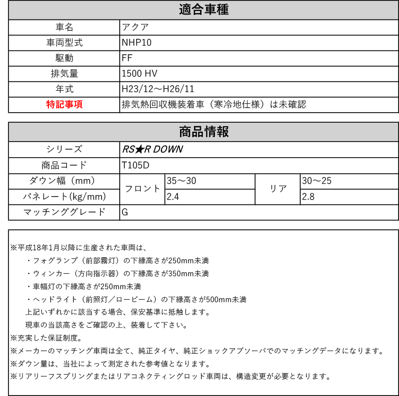 RS-R_RS☆R DOWN]NHP10 アクア_G(2WD_1500 HV_H23/12〜H26/11)用車検