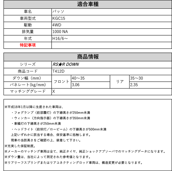 RS-R_RS☆R DOWN]KGC15 パッソ_X(4WD_1000 NA_H16/6〜)用車検対応